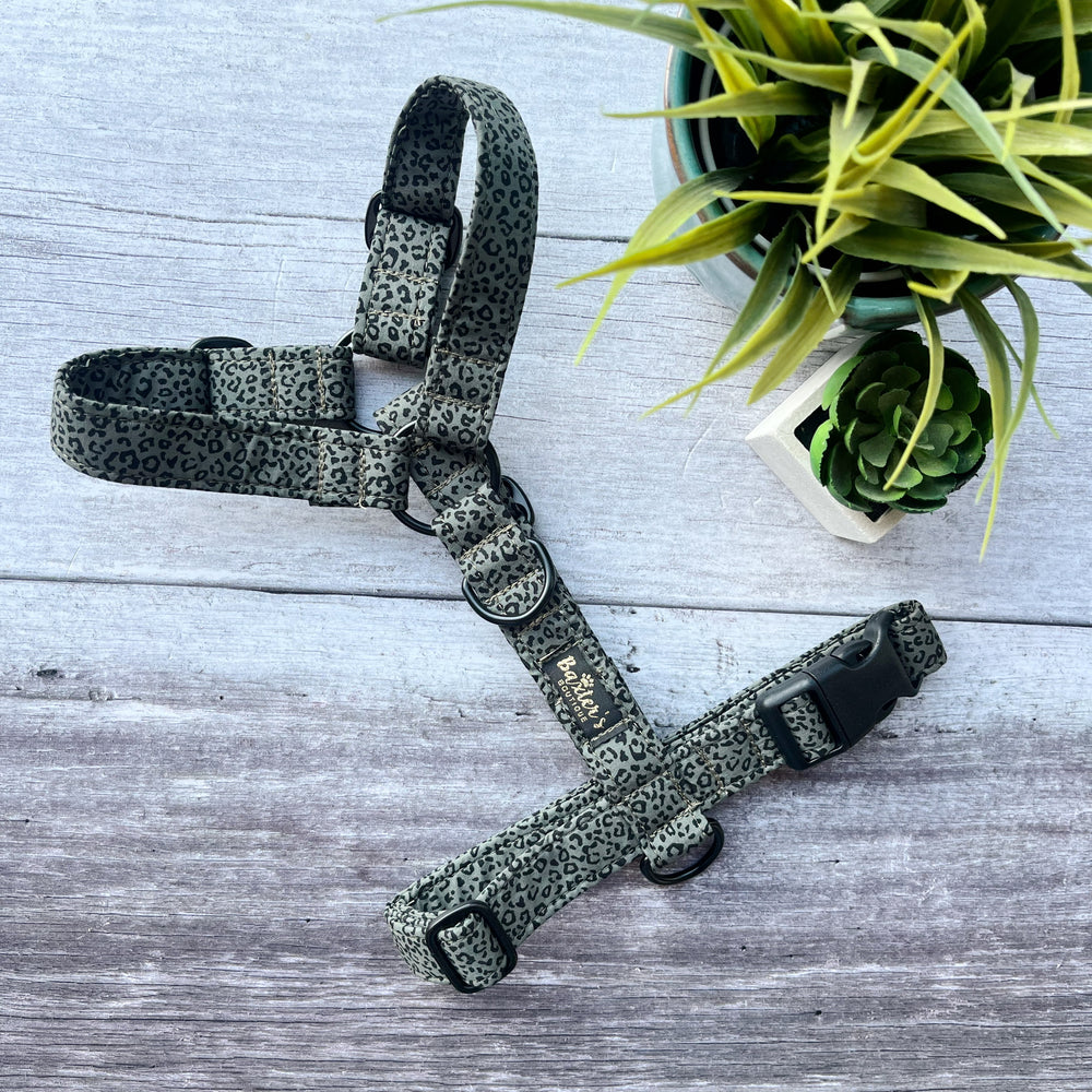 khaki leopard print dog harness